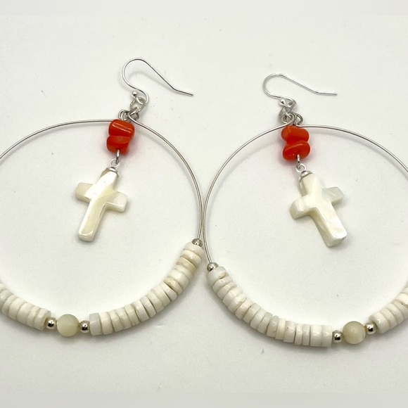 Hoop, Earring- Puka Shell, Mother Of Pearl & Cornelia gemstone Beads - Picture 2 of 3